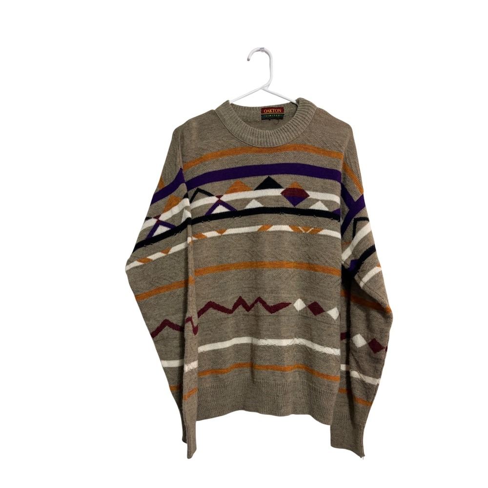 Oakton‎ Limited Sweater Geometric Intarsia Tan Multi Retro Knitwear